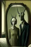 Placeholder: a couple male and female with distinct personality by ashley wood, leonora carrington, hieronymus bosch and mark ryden, alone in a hotel room : : portrait through a mirror : : ultra - detailed technical precision : : matte painting, high definition 3 d render, unreal engine