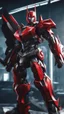 Placeholder: A close picture to Mix between machine and batman in transformers cyborg with black metal and red armor in solo leveling shadow art style with red details detailsis in fantasy world