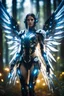 Placeholder: Close up Facing Front night photography Beautiful Angel woman cyborg cybernetic ,futuristic warframe armor, straddle wings in Magical Forest full of lights colors,glowing in the dark,Photography Art Photoshoot Art Cinematic Soft Blur Colors