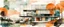 Placeholder: Create a slightly abstract illustration with panoramic technical bauhaus architectural drawings , primarily in black, raw collage artwork, offwhite background color, green garden and blue skies in watercolor strokes. rusty orange muted color shades