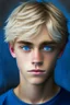 Placeholder: a portrait of teenage boy in blue tee-shirt blue eyes blonde black hair