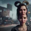 Placeholder: a moody medium-close-up shot of an attractive woman with a gentle smile and curved ram horns on a cyberpunk city sidewalk, high-resolution