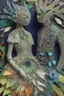 Placeholder: Surreal couple wearing designer outfits made of insanely detailed quilling including metal, mirrors, feathers, foliage, flowers, leather, buttons, jewels, twigs, plastics, glitter, shells, fabrics, twine, and thread