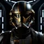 Placeholder: star wars bald male corellian pilot wearing gunmetal grey and black First Order armored special forces TIE pilot flightsuit and helmet with gold trim inside the jedi temple, centered head and shoulders portrait, hyperdetailed, dynamic lighting, hyperdetailed background, 8k resolution, volumetric lighting, fully symmetric details