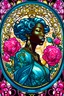 Placeholder: Intricately detailed character illustration resembling stained glass, featuring a beautiful black woman embellished with (pink roses:1.3), rendered with an eerie realism, illuminated in enchanting (light cyan and amber hue)