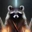 Placeholder: slobbering racoon tounge, Rendezvous,dark figure with scythe, full body, glowing eyes, grey mist, light rays, torch,ass face, long striped hair swirls, fog, smoke,