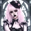 Placeholder: an outfit design that blends streetwear and gothic with frills, black and pastel pink theme, gothic cross incorporated, photorealistic