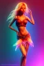 Placeholder: Shakira, artist, 30 years old, Realistic image, waist up portrait, etro style dress. Blonde, feathers, loose long hair, eyes make up, perfect, glow, circle iris. Neon colors, leds, geometric shapes. Dark background, photo studio, neon lights. Cyberpunk, concept art, smooth, unreal engine 5, god lights, ray tracing, RTX, lumen lighting, ultra detail, volumetric lighting, 3d, finely drawn, high definition, 4k.