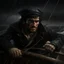 Placeholder: The angry black haired "Boatsman" at the ships helm on a stormy sea realistic grimdark