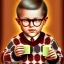 Placeholder: Peter Billingsley chubby kid glasses, holding A ((dark red soap bar)) in his hand, brown argyle sweater