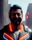 Placeholder: A portrait of a cyberpunk wonam smiling facing camera orange color scheme, high key lighting, volumetric light high details with white stripes and feathers unreal 5, octane render, cinema4d, dynamic lighting, dramatic lighting, 4k, redshift render, highly detailed, hyper realistic