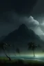 Placeholder: Creat a cost of an island filled with palms tree with a mountain in the background and a thunderstorms and rain and foggy clouds and high waves, cinematic, 8k, high quality photo , dim sun light behind the clouds, Busch painting style nightmares