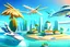 Placeholder: Create a Luxury lifestyle Futuristic Scenery of a beach. where All Luxury Private Transport are present for show in a single picture. Present Helicopter, Private Jet, Jet Man flying in air. Cars, Motorcycles are parked near on the land. and Jet Ski, Submarine, motorboat is floating near in the water. A Mega Yacht is Parked in a Distant. Add faraway island behind the Mega Yacht. the photo should give a luxury vibe. HD image. 1080 P.