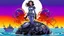 Placeholder: woman with dark hair in a silver robotic catsuit, standing on a futuristic alien beach with a crashed spaceship in the water, with mushrooms with octopus tentacles flying in the air