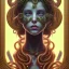 Placeholder: portrait of teenage medusa, with raised eyebrow, wicked smile, black snakes cover her head, hairless, wearing an embroidered rusty tunic, dark background, intricate, elegant, copper and emerald jewelry, glowing lights, highly detailed, digital painting, artstation, concept art, smooth, sharp focus, illustration, art by wlop, mucha, artgerm, and greg rutkowski golden ratio