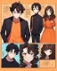 Placeholder: Anime manga style, Black boy with dark brown curly hair, wearing red and orange clothes and black jeans, always with one hand in his pocket, looking a little irritated