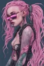 Placeholder: entire body mermaid cyberpunk some fish scales on face pink hair dreadlock sunglasses