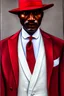 Placeholder: mysterious black man, white panama hat buried over eyes, wearing white silk jacket and red tie, red handkerchief in pocket, panama hat, hyper realist, hyper detailed, intricated, award winning