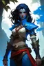 Placeholder: create an adult female air genasi from dungeons and dragons, black medium hair, light blue eyes, blue skin, wavy hair, wearing red leather armor, full body, digital painting, high resolution, forest background, a bit zoomed out