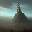 Placeholder: franz frazetta style, tower on hill, amon hen, clear day, forest in the distance