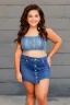 Placeholder: curvy preteen in denim mini skirt and crop top