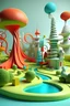 Placeholder: 3D Different territories such as social relationships, health, finances, heritage, regular tasks, leisure in the style of architecture and landscaps of Dr. Seuss