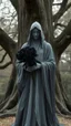 Placeholder: In a mesmerizing and ethereal manner, an otherworldly being emerges in the form of a translucent grey hood statue flowing smoky black robes. He is holding a bouquet of black roses, Forward facing a big tree in the background