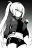 Placeholder: blonde girl with ponytails dressed in a jacket and shorts walks angry, greyscale