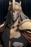 Placeholder: A depiction of the Greek myth Ares in anime world, half length view , with lighting bolt in background