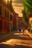 Placeholder: A realistic photo of a small Toscany town in late spring, a pair of inamorato young people on the street, early evening, last shines of sun in Henri Cartier-Bresson style