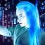 Placeholder: cyberpunk, head, woman, rendering, blue hair, electric circuits in vackgound, lights, high contrast