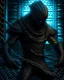 Placeholder: Dark fantasy scifi cage alien with chainmail body holding long chains