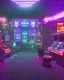 Placeholder: A dark photo of a full panoramic view an 80's aesthetics arcade at night, with a lot of functioning arcade machines, a vaporwave floor and some colorful tiles in between the floor. Purple aesthetics.