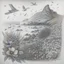 Placeholder: A pencil drawing of a landscape with mountains, ocean, a flock of birds and a lot of wild flowers.