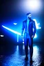 Placeholder: cyberpunk, neon blue, high technology, geometric figures, orbiting figures, cyberpunk suit, black and blue, epic, rain, neon blue suit, geometric figures orbiting around suit, exosuit, male