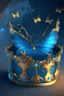 Placeholder: Tiara of gold and blue diamonds,kept in a gold box, blue smoke around it, gold butterflies, realistic, cartoon, 8k resolution