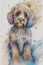 Placeholder: Abstract wet watercolour of a cockapoo, ink lines, splashy background detailed,focus on eyes, watercolour paper