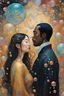 Placeholder: asian woman with long hair and black man with short hair in a world of bubbles, facing away, colorful, painterly, like a painting, mystical, wonder, mysterious, psychedelic art, gustav klimt style, gold leaf, romantic, art nouveau