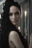 Placeholder: Close up of a beautiful woman with long curly black hair standing in front of a mirror, she smiles, but her reflection in the mirror doesn't smile back, it is a dark demon with intense scary eyes looking back at her. Super realistic, 8k high quality