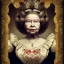 Placeholder: "Queen of Hearts"fat old woman book character of "Alice in the wonderland".Detailed face,detailed Queen of Hearts, detailed eyes, Realistic lighting,elegant dress disney style,sarcastic smile. baroque, intricate patterns, fractalism.style by Disney,Chie Yoshii,earnst haeckel,james jean.