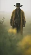 Placeholder: A lonely cowboy in the grassland, a foggy day film in the Wong Kar Wai style, foreground blur, distant view in the style of Wu Chen and George Hopper, Rembrandt lighting, a dark green and yellow color scheme, ethereal light. --ar 13:16 --v 6. 0