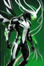 Placeholder: Cyborg symbiote, white color, green color, tendrils, high tech, cyberpunk, biopunk, membrane wings, carbon fiber, cyber tentacles, and the other two.