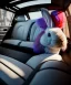 Placeholder: Ultra realistic back seat of limousine image, wide angle view, Alice woman and white rabbit man, many color balls, circus clothing, long hair, smoke, feather long coat, soft color, highly detailed, unreal engine 5, ray tracing, RTX, lumen lighting, ultra detail, volumetric lighting, 3d, finely drawn, high definition, high resolution.