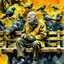 Placeholder: A digital painting in a vintage pop-art style. An elderly man sits on a wooden bench surrounded by pigeons, holding some in his hands. The scene is inspired by a black-and-white photograph but reimagined with bold pop-art colors, strong contrasts, textured brush strokes, and a retro urban atmosphere. The background features distressed textures, with warm yellows, deep reds, and teal greens, blending realism with stylized graphic design. The man’s expression remains detailed and expressive, while