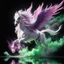 Placeholder: Anime conceptual art of a white pink purple realistic horse ascending into the sky. it has wings creating green powder paint encircling him. surrounding is black reflection, realistic, detailed / HD quality --v 6.0, Canon EOS R5, edge lighting, cinematic lighting, translucency, extrusion and gradient value change, specular darkening and contrast, strong occlusion of the surrounding overlay, depth parallax, photorealistic, 4K , 3D