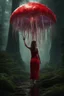 Placeholder: tall slim woman in a red dress, in a forest, holding an umbrella made from a jellyfish, detailed matte painting, deep colour, fantastical, intricate detail, splash screen, complementary colours, fantasy concept art, 8k resolution, Unreal Engine 5