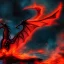 Placeholder: dragon flying with black, opaque scales, volumetric lighting, photo realistic, dark fantasy, dramatic, ferocious, spitting red hot fire out of it's mouth over the ocean with a erupting volcano that is leaking