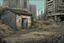 Placeholder: shed, overgrown apocalyptic city background, comic book,