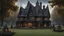 Placeholder: A gothic woodland house with a coven of witches dancing around a pentacle on a lawn in front of the house.