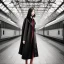 Placeholder: A young Asian woman with long hair and a black trench coat waiting for her lover at a train station in Paris